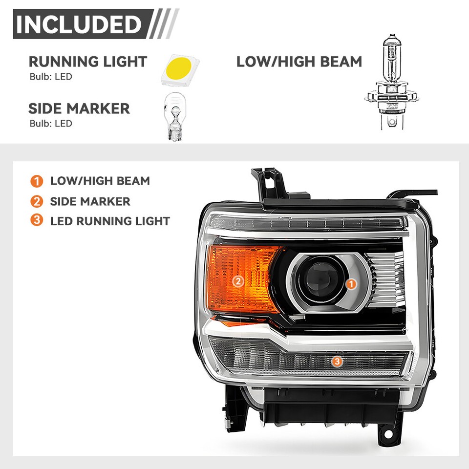 Halogen w/ LED DRL Headlight For 2015-2019 GMC Sierra 1500 / 2500 HD ...
