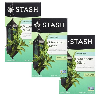Stash Tea MOROCCAN MINT Green Tea Caffeinated Non-GMO Verified Premium (3 Boxes)