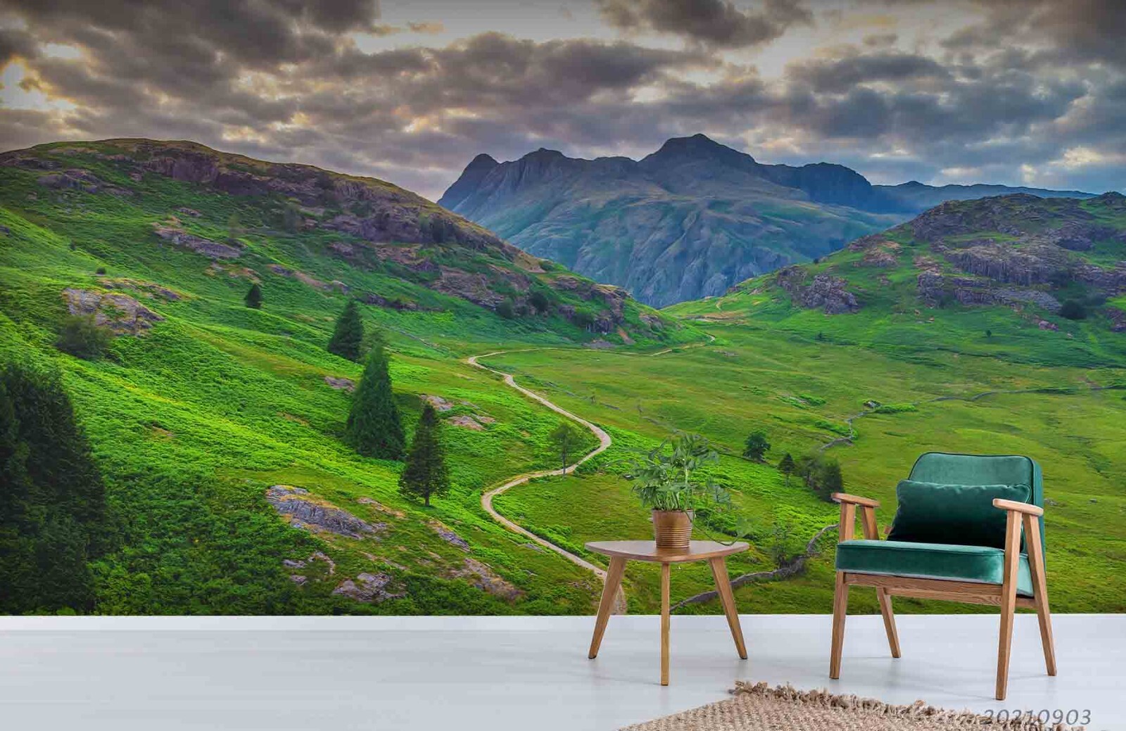 3D Tree Mountain Grassland Road Selfadhesive Removeable Wallpaper Wall