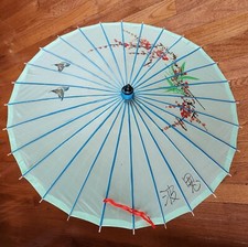 Hand-painted Asian Parasol Mint Green Fabric Blue Painted Ribs Cherry Blossom