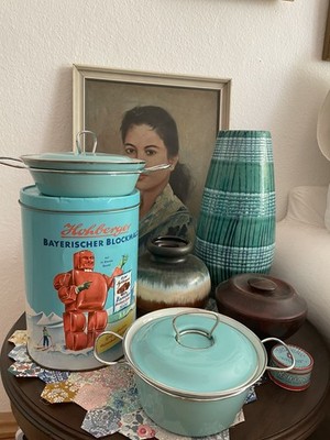 MES Topf türkis Emaille mid century Made in Germany