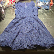 Mori Lee Madeline Gardner dress Blue Lace V-Neck Cap Sleeve A-Line Size 8