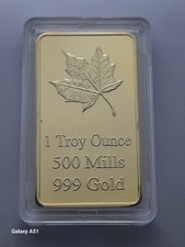 1 Troy Ounce 500 Mills 999 Gold-Plated "Canadian Maple Leaf"  Bar