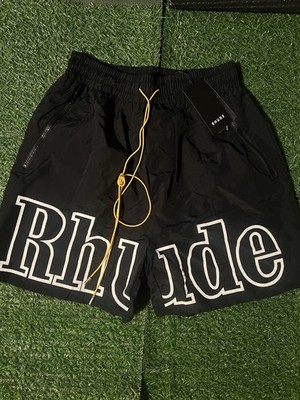 RHUDE Men s Black Sweat Shorts S Logo Print Elastic Waist Drawstring Flat Front