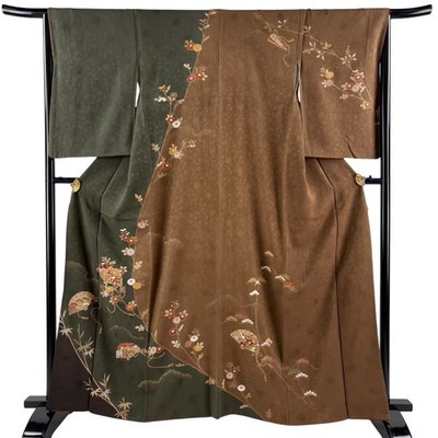 Japanese Silk Houmongi Kimono M 163cm Brownish green Cypress fan Chrysanthemum 4