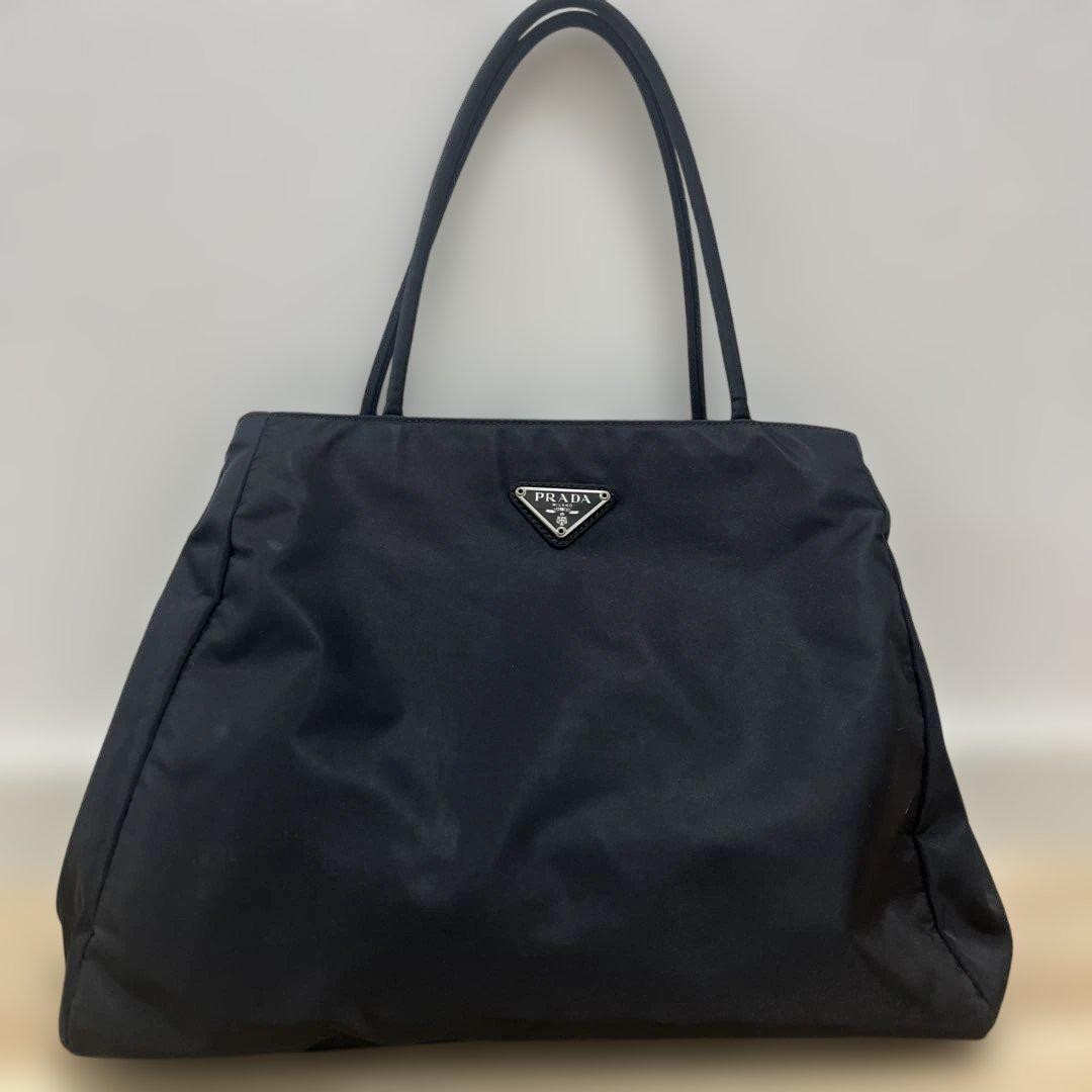 PRADA Black Nylon Tote Bag with Triangle Logo Shoulder Handbag Japan Import