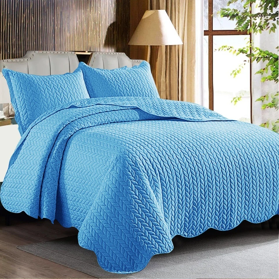 3 Piece Quilted Bedspread Bed Throw Single Double King Size Embossed Bedding Set - Image 3 of 4