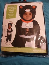 Cuddly Black Cat Baby Halloween Costume Size 6-12 Months Jumpsuit Hood Tail NEW