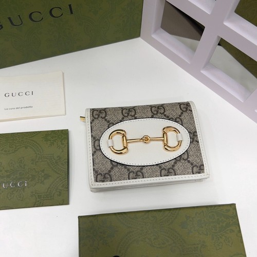 Gucci Horsebit 1955 Card Case Wallet GG Supreme Canvas White Leather Gold Wallet