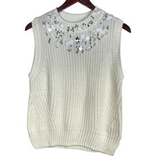 H M White Knit Embellished Sweater Vest Size M