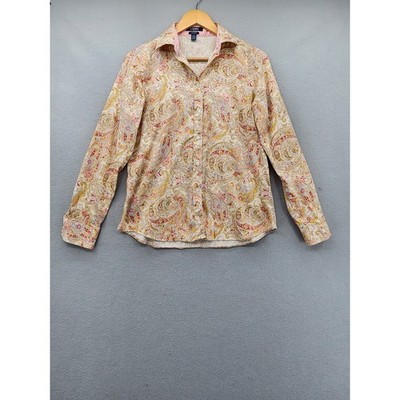 Chaps Womens M Paisley Button Down Shirt No Iron Long Sleeve Cotton Multi Color