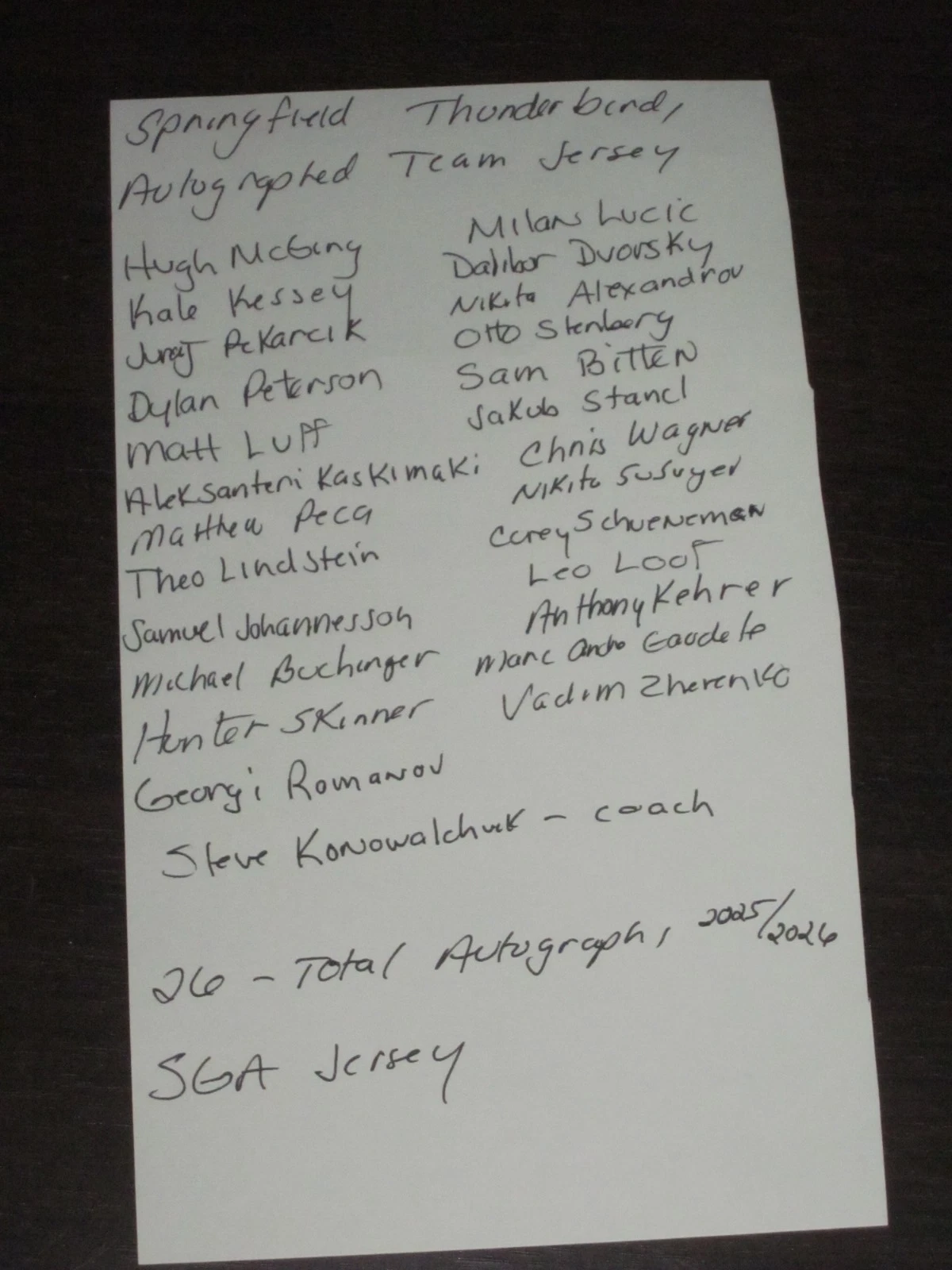 2025-2026 SPRINGFIELD THUNDERBIRDS TEAM SIGNED SGA JERSEY-26 GRAPHS-LUCIC-PECA