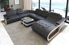 Leder Couch Wohnlandschaft Ledersofa LED Sofa Ledercouch Grau Weiß Elegante XXL