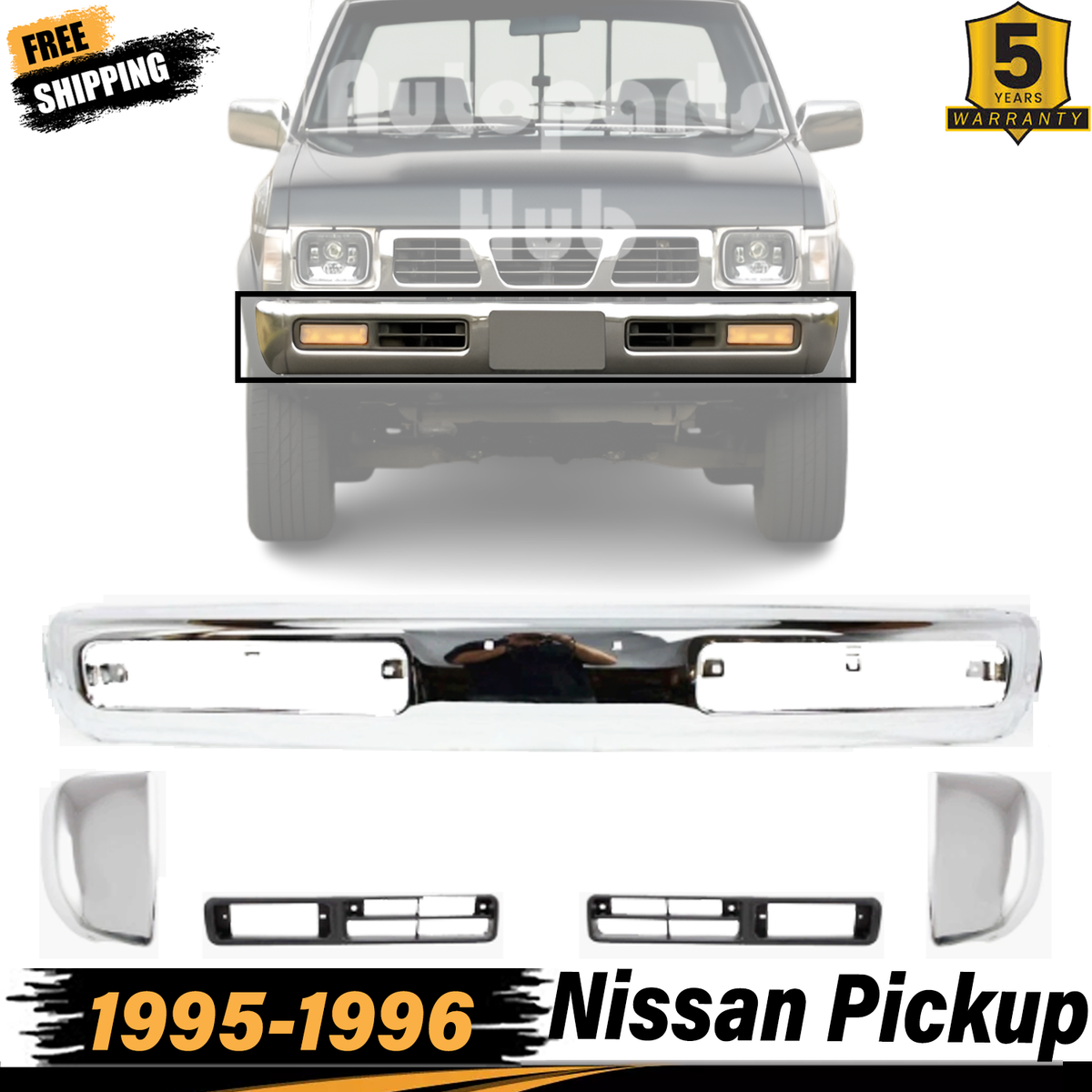 Front Bumper Chrome + Fog Light Molding + End Caps LH&RH For 95-96