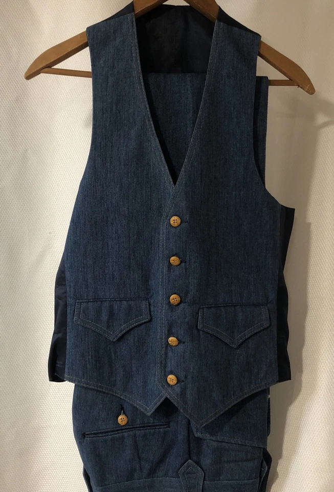 Traje Denim Vintage Años 70 3 Piezas Chaqueta Chaleco Pantalones Campana Bottoms Ocio G2U Foto 4 de 4