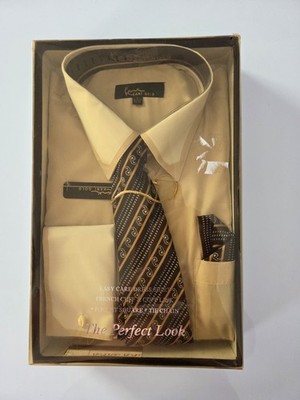 Vtg Karl Kani Gold Mens Dress Shirt Set L 16/16.5 34/35 Golden Tie Pocket Square