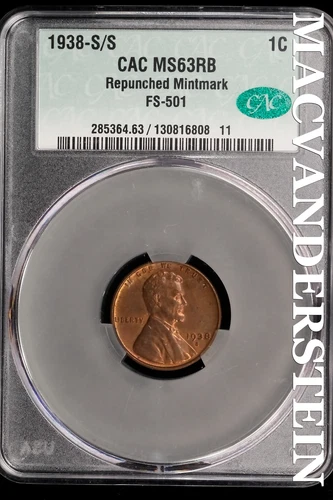 1938 S/S Lincoln Wheat Cent- CAC MS 63 RB Repunched MM FS-501 No Reserve #SLL576