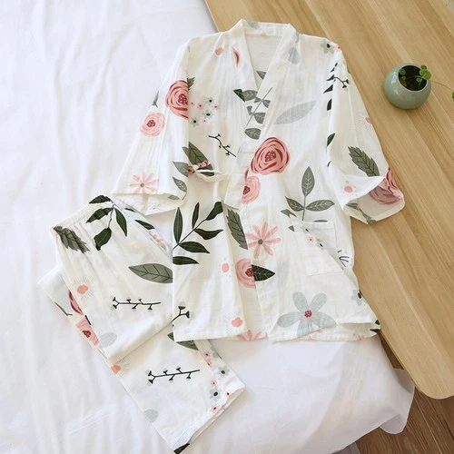 Harajuku 100% Gauze Cotton Kimono Pajamas Print Short Sleeve Women Nightgown Set