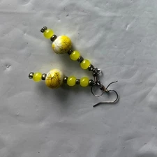 Yellow Beaded Dangle Earrings with White Accents and Silver Hooks