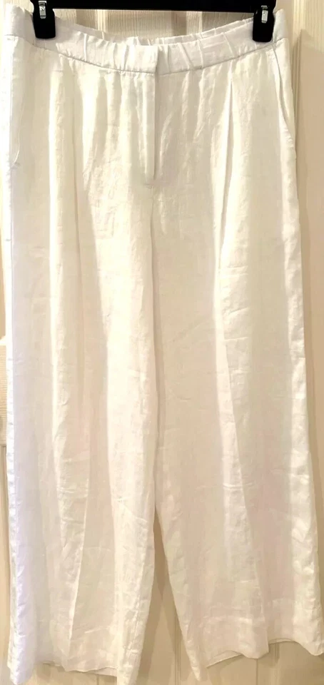 NUEVO CON ETIQUETAS $168 EILEEN FISHER Pantalón Pantalón Blanco Lino Orgánico Talla L Plisado Pierna Ancha