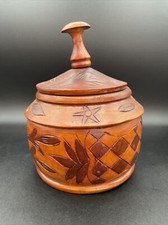 Vintage Handmade Hand Carved Tilted Decorative Wooden Jar Container W/Lid 9.5  H