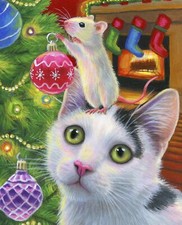 35" Fabric Panel David Textiles Digital Christmas Tree Cat Mouse Scene