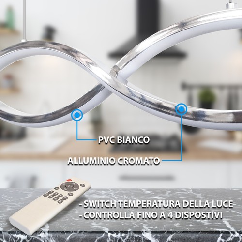 Lampadario a sospensione LED onda Alluminio Cromato soffitto 25W SWITCH DIMMER - Foto 4 di 8