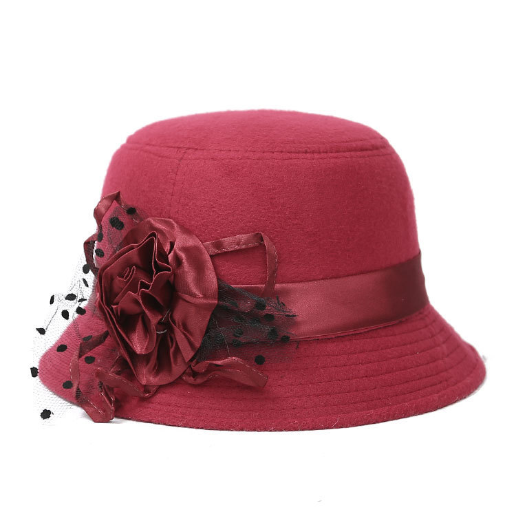 Womens Wool Felt Bucket Caps Elegant Vintage Flower Cloche 