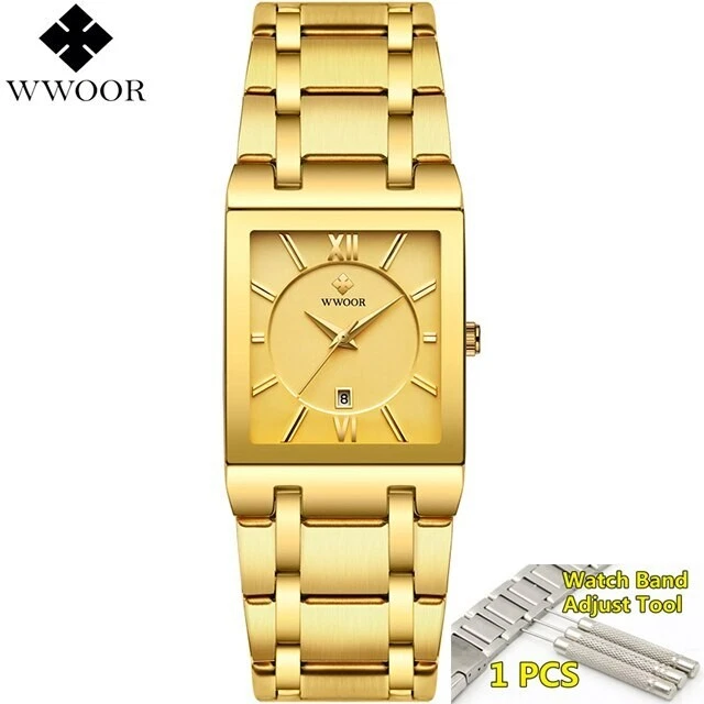 WWOOR Men s Watches Luxury Brand Gold Square Analog Quartz