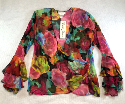 Diane Gilman Womens 100% Silk Blouse Sz 1X Floral Wrap Front Long Sleeve NWT