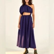 Farm Rio One-Shoulder Cutout Linen Blend Maxi Dress in Navy Blue - Size XS