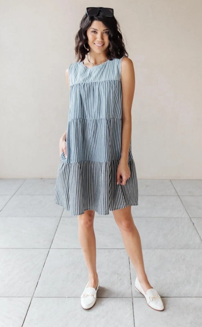 cotton bleu dress NEW Cotton Bleu Ocean Waves Tiered Cotton Dress 2-Toned Stripes Blue Sz XS  NWT
