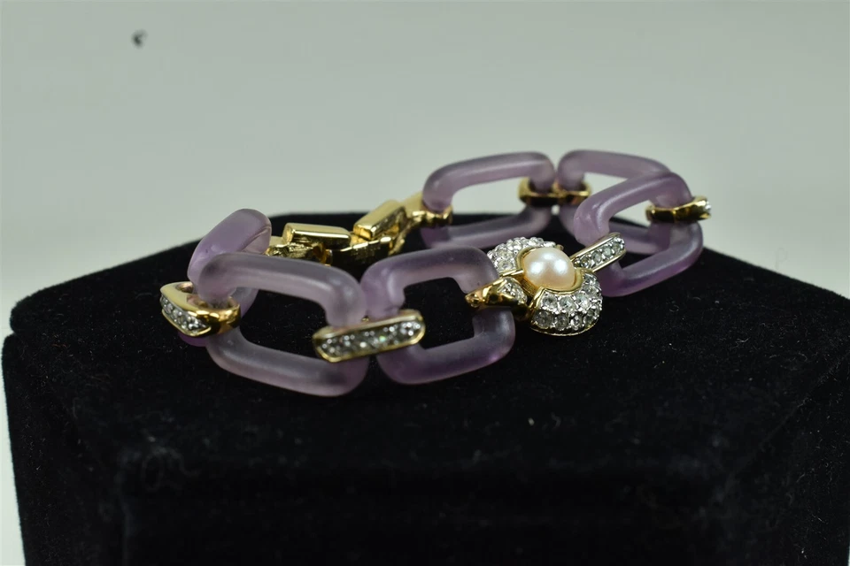Givenchy Lavender Lucite Link Bracelet With Faux Pearl & Crystals - Image 2 of 4