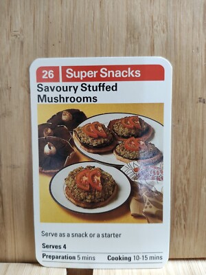 Moulinex Meals In Minutes  1981 Super Snacks #26 Stuffed Mushrooms Recipe Card