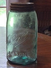 VINTAGE 1910 era Quart Size blue aqua~BALL MASON SHOULDER SEAL JAR ~Damage Free