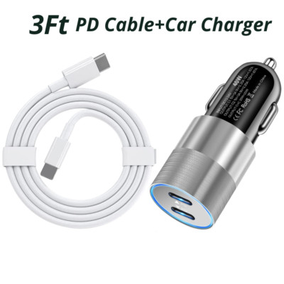 Dual Type C PD 40W Fast Car Charger Adapter Cable For iPhone 8 X XR 11 12 13 14