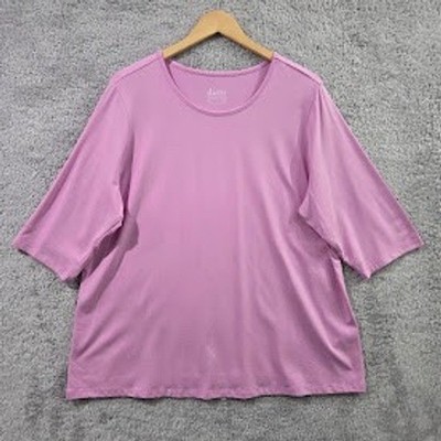 Denim & Co Essentials Pink Lilac Elbow Sleeve Crew Neck Top Plus Size 1X