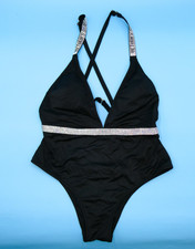 Victorias Secret Large Black Rhinestone Bling Strap Padded One Piece Swimsuit VS