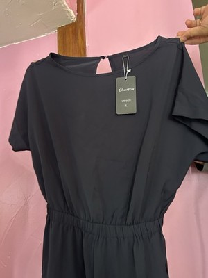 Chartou Black Solid Round Neck Short Sleeve Jumpsuit w/ Elastic Waist, L