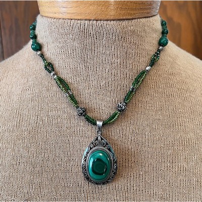 Vintage Sterling silver & Malachite beaded necklace artisan made gemstone green