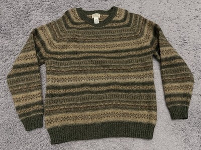 Vintage LL Bean 90s Mens Sz Large Shetland Wool Striped Sweater Brown Tan Green
