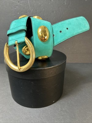 Vintage Beautiful Studded gold Water Green ESCADA Leather Belt42 western Germany