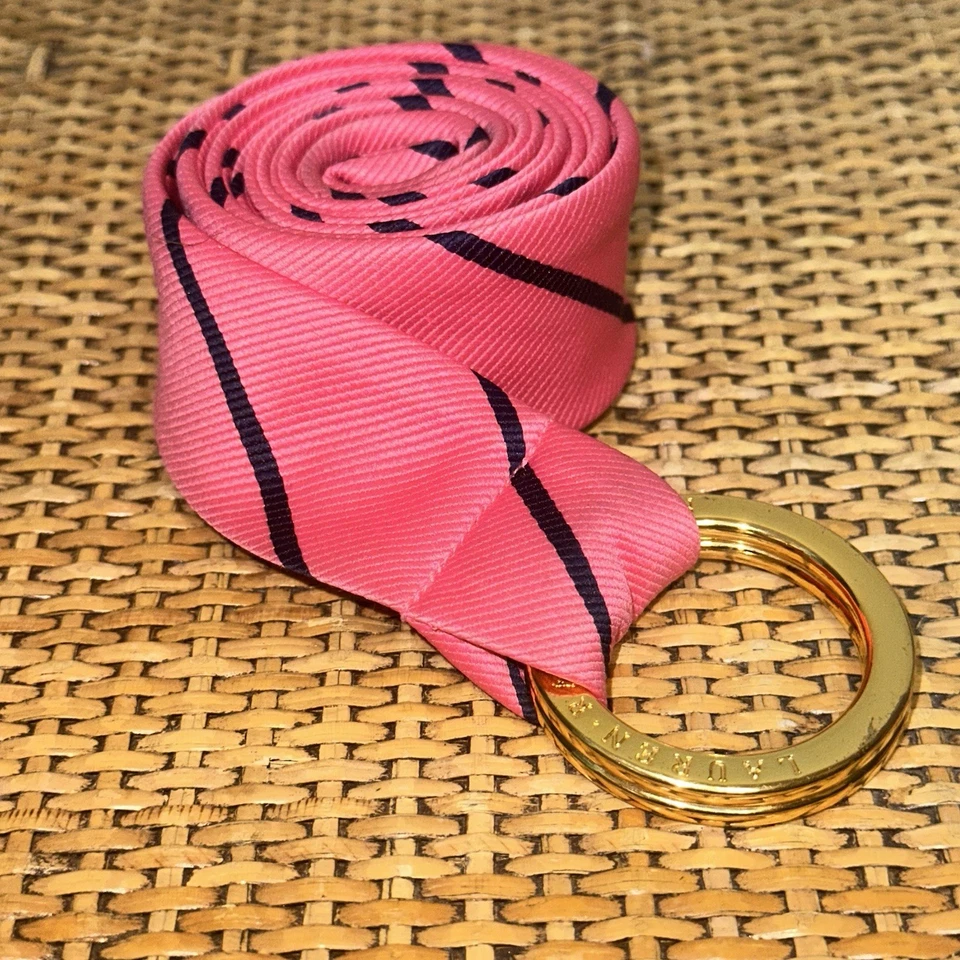 VTG Ralph Lauren Pink Stripe Fabric Belt Scarf Repp Tie Embossed Brass Rings 42” - Image 2 of 4