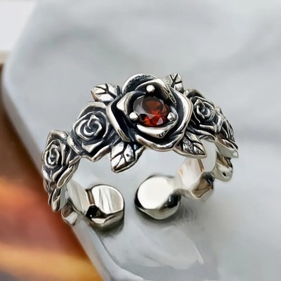 Gold Tone Red Crystal Flower Ring Women Plant Rings Accent Party Finger Jewelry