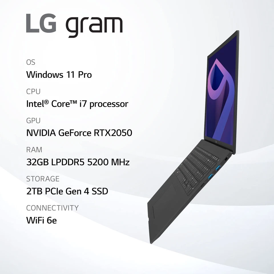 LG gram 16Z90Q 16" i7-1260P RTX2050 32GB 2TB SSD Win11 Pro Laptop Black - Image 3 of 4