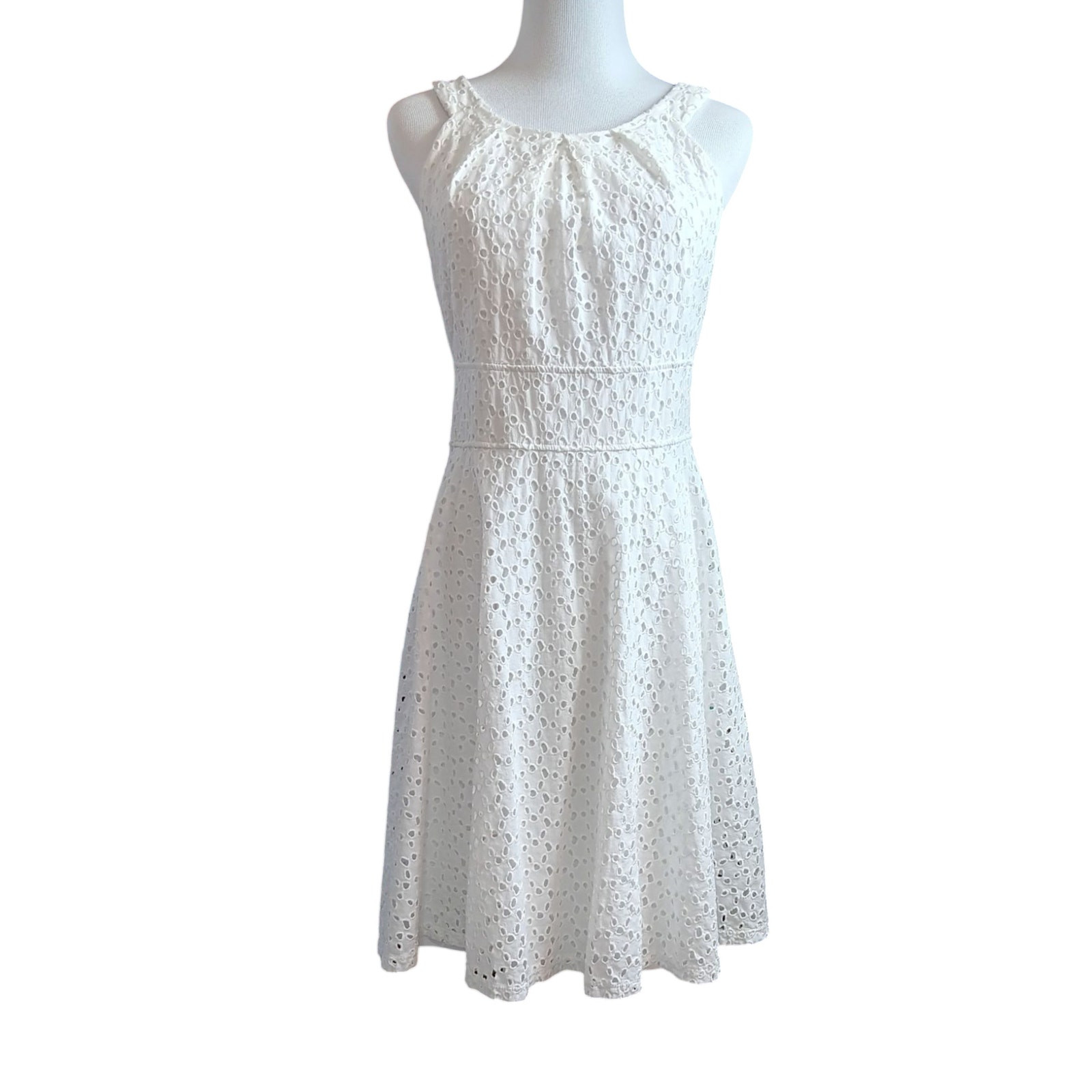 LONDON STYLE White Eyelet Midi Dress 8 Flowy Full Skirt Girly Coquette Retro