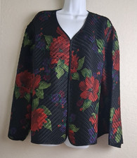 Chicos Design Women's Open front Multicolor Flowers Black Blazer 100 Silk Sz 3