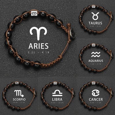 12 Zodiac Natural Stone Obsidian Bracelets Pisces Men's Bracelets