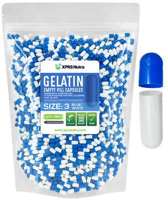 XPRS Nutra Size 3 Blue & White Empty Gelatin Capsules Gelcap Kosher DIY