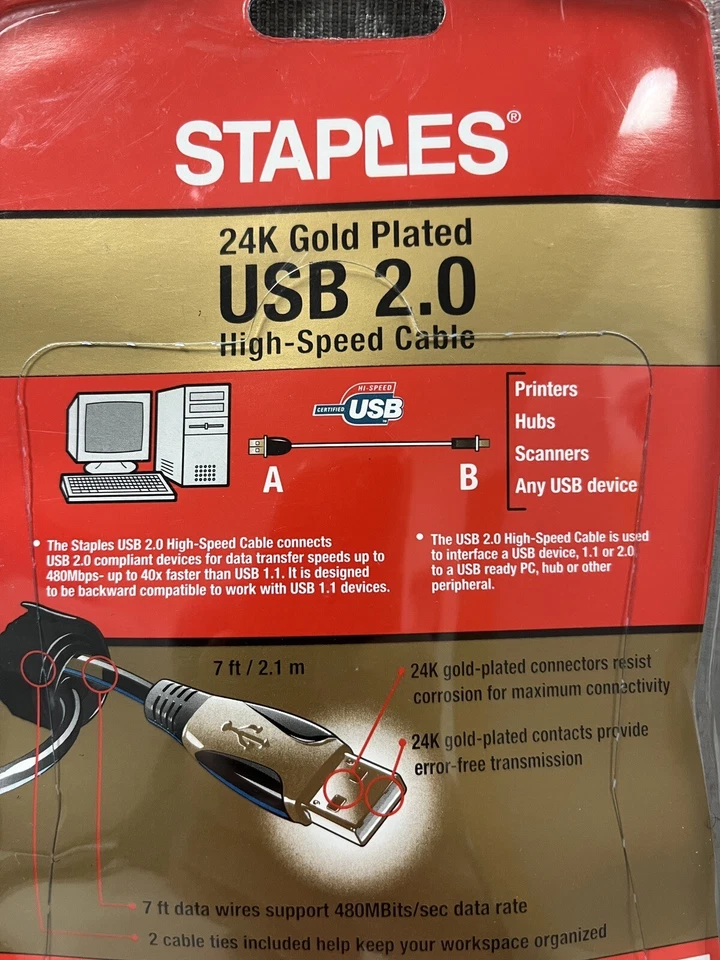 STAPLES 24K Gold Plated 7 ft USB 2.0 High Speed Computer Cable 577157 NEW - Image 3 of 4